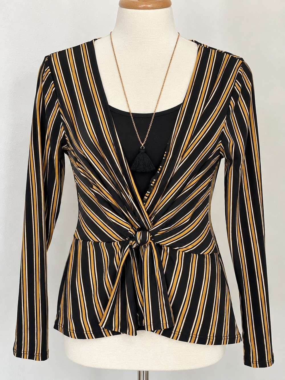 No Boundaries Black and Mustard Striped Knot-Front Long Sleeve Blouse